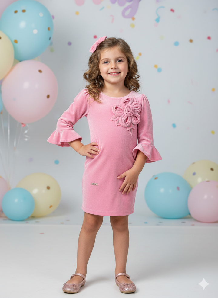 Girls Partywear Velvet  Pink One-Piece  [GD-6436] (1-7Years)