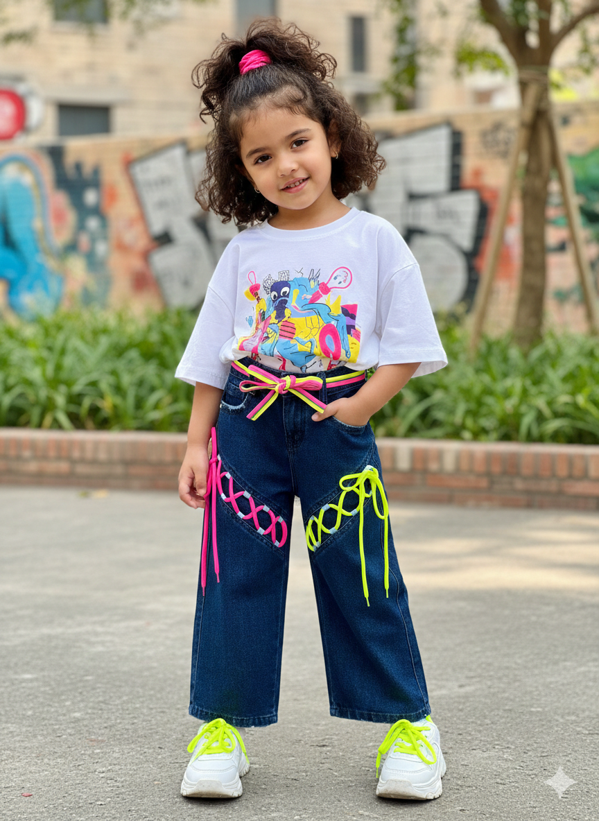 Girls Dark Blue Designer Straight Fit Jeans with Belt (Only Jeans ) [GJ-965] (4-12Years)