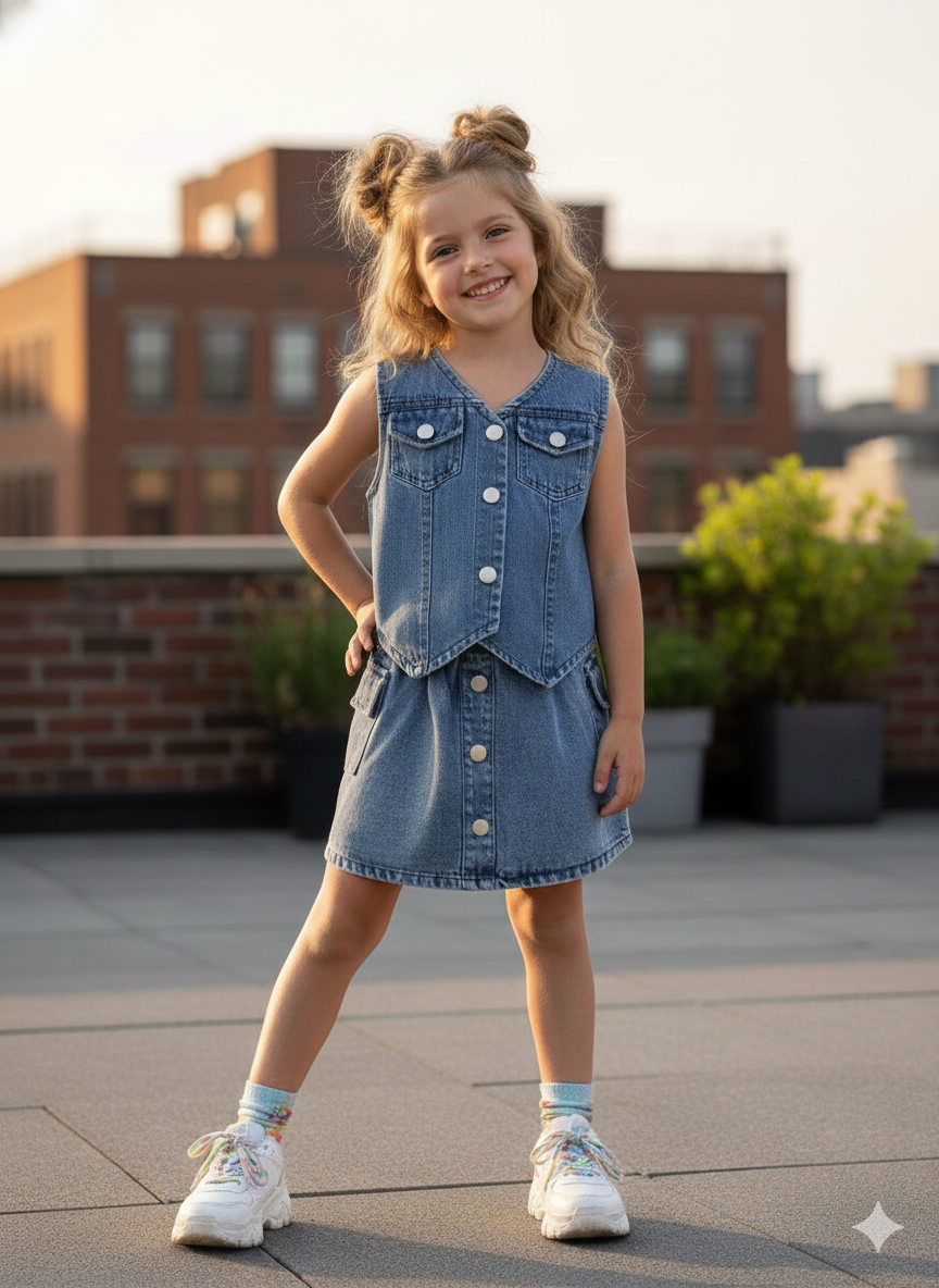 Girl's Denim Light Blue 3 Piece Co-Ord Set [GCS-6198] (4-12 Years)