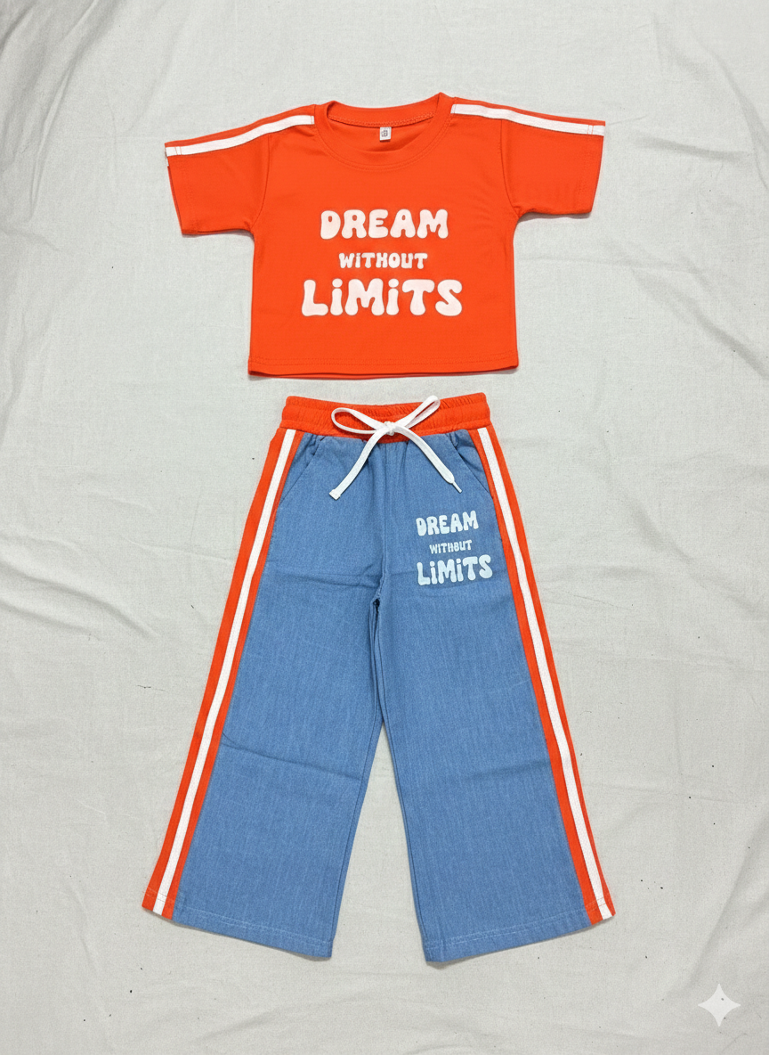 Girl's Causal Orange Co-Ord Set With Soft Denim Bottom [GCS-5051](3-12 Years)