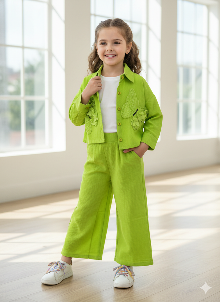 Girl's 3 Piece Green Butterfly Co-Ord Set [GCS-6297] (4-12Years)