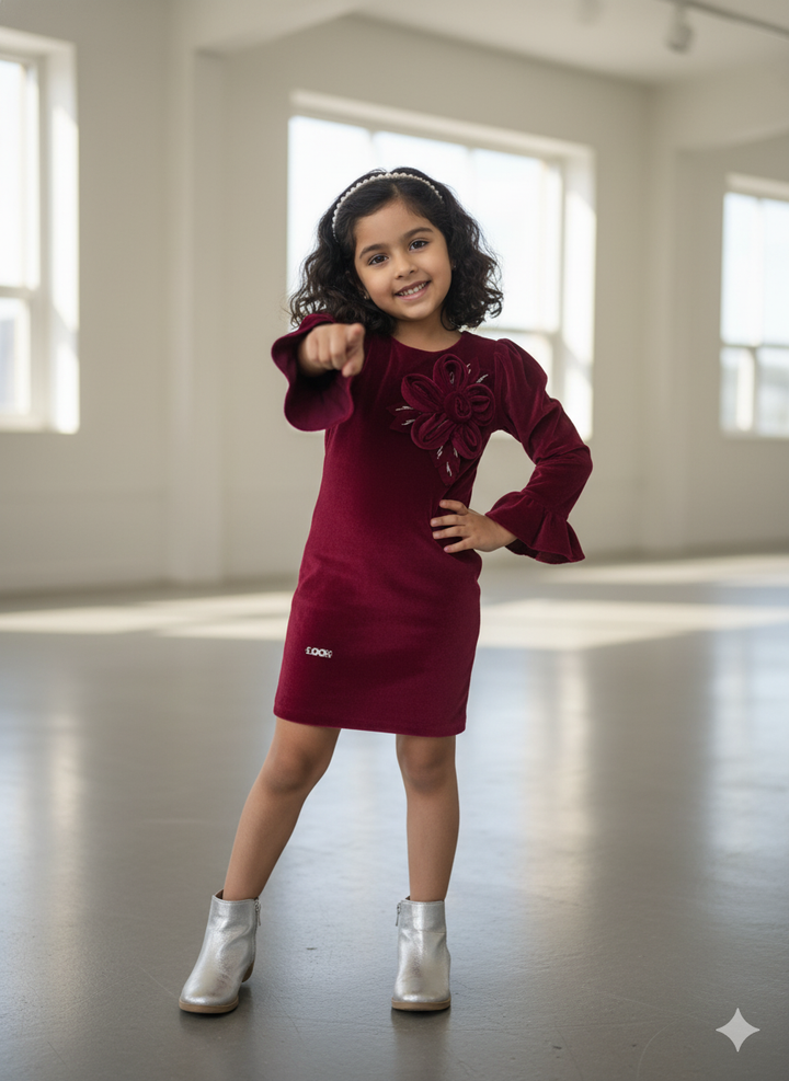 Girls Partywear Velvet Maroon One-Piece [GD-6434] (1-7Years)