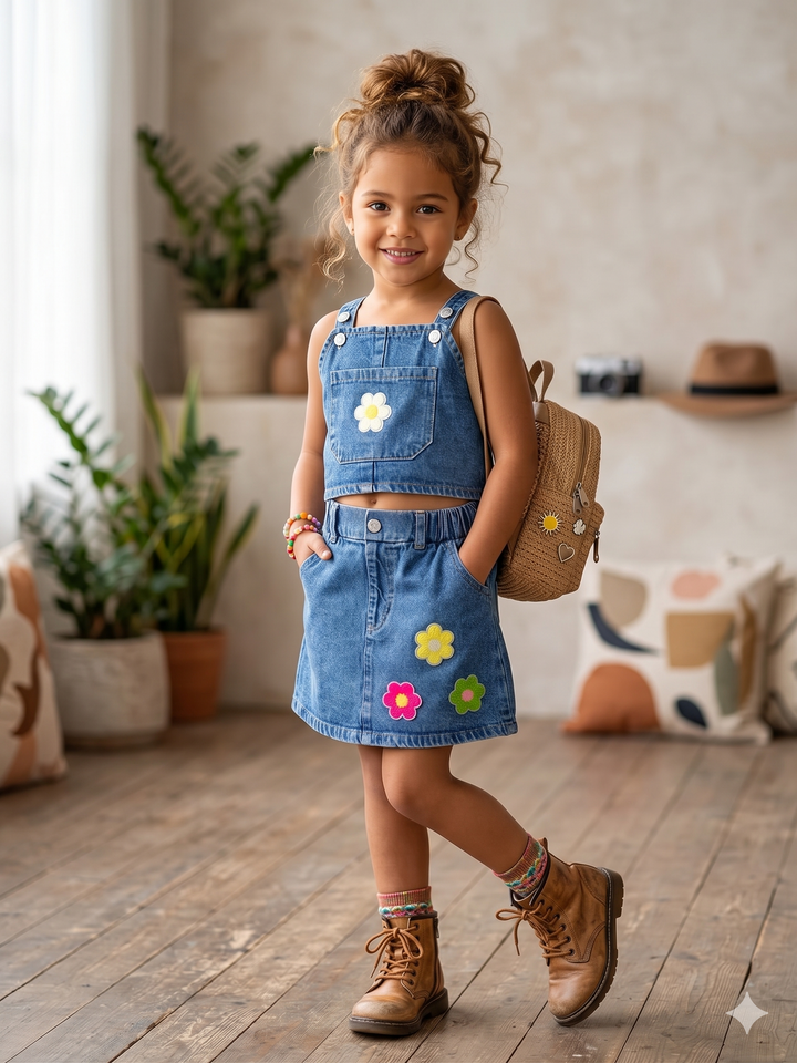 Girl's Denim Flower Medium Blue Co-Ord Set [GCS-4328] (2-9 Years)