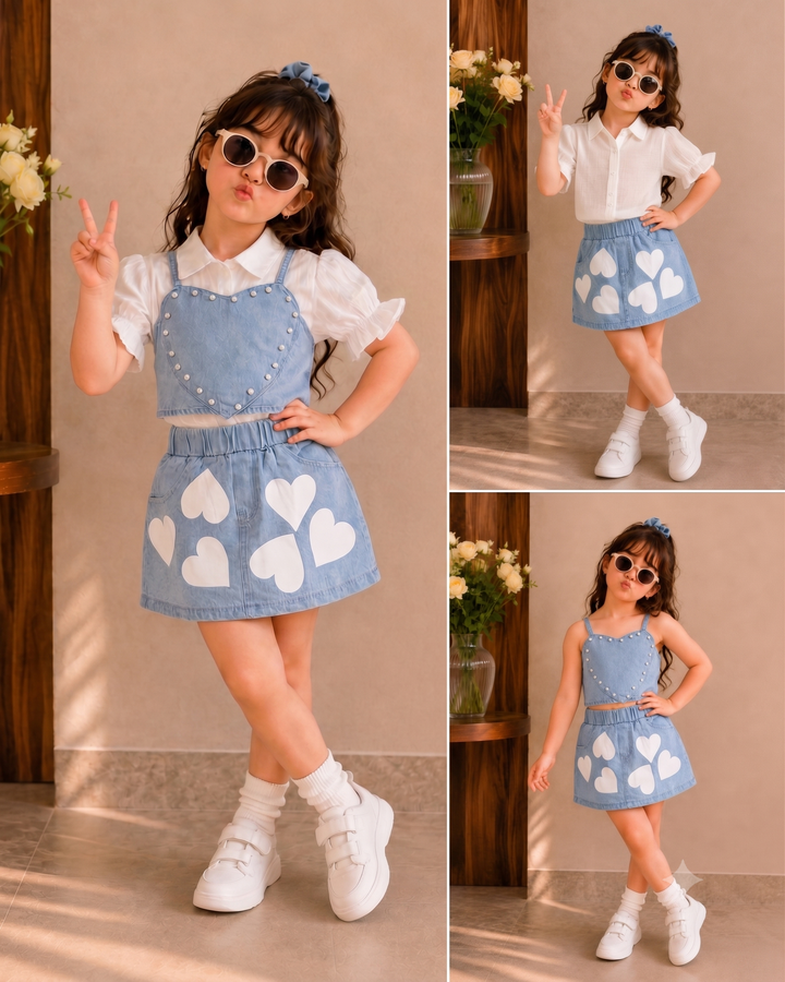 Girl's 3 IN 1  Pearl Love Denim Co-Ord [GCS-1E-4783] (4-12 Years)