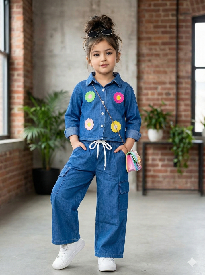Girl's Soft Denim Dark Blue Flower Patch Co-Ord Set [GCS-6087] (3-11 Years)