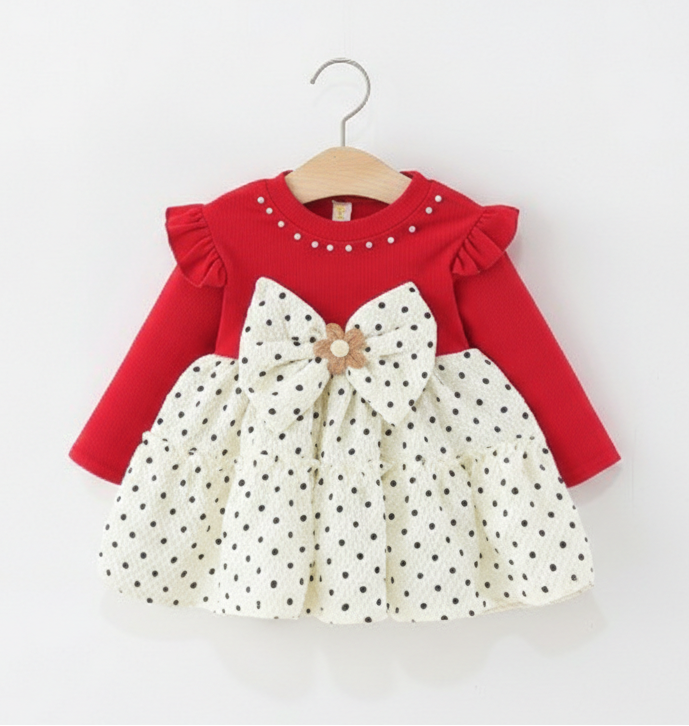 Girls Imported Red Polka Dot Frock [GF-6382] (9M - 4Years)