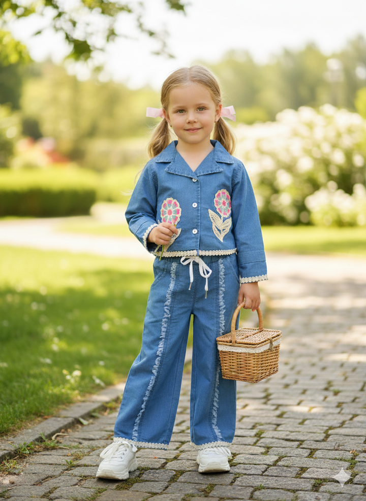 Girl's Light Blue Denim Co-Ord Set [GCS-6631] (1-11Years)