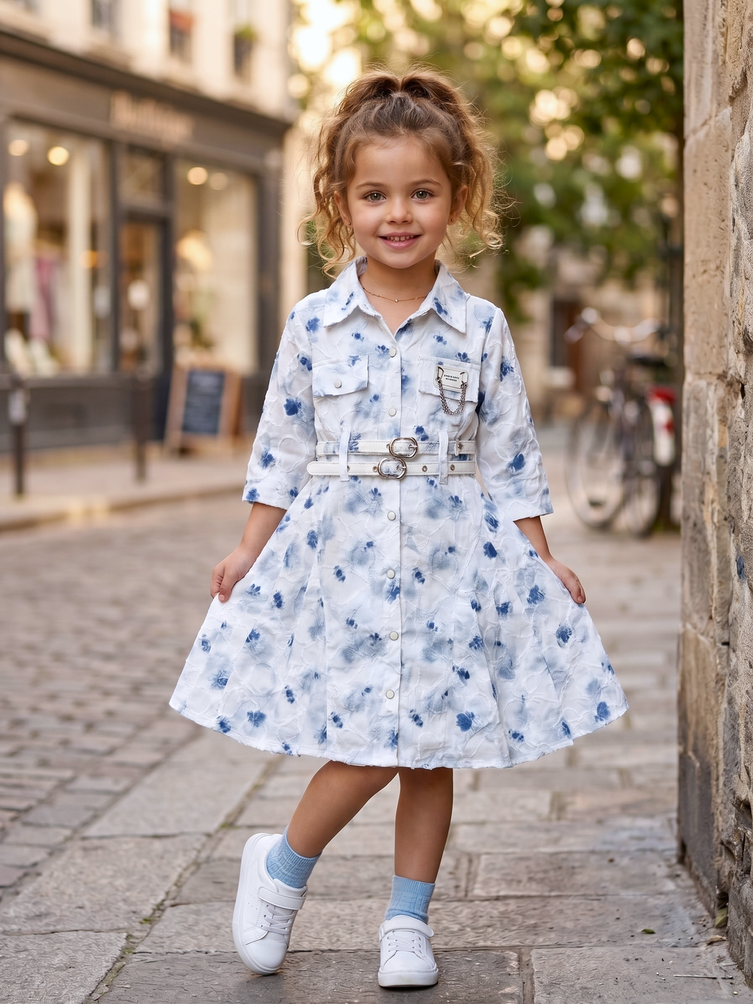 Girls Printed Blue Dresse with Belt [GD-4547] (1-12Years)