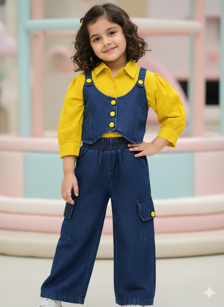 Girl's 3 Piece Yellow Denim Co-Ord Set [GCS-6613] (4-12 Years)