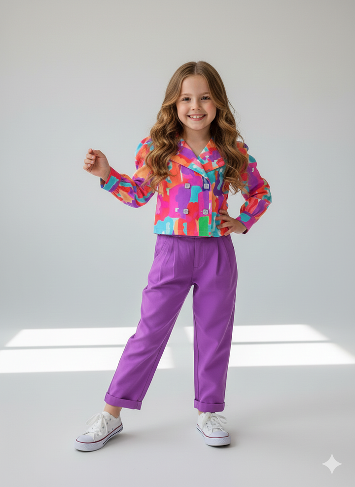 Girl's 3 Peice Printed Blazer Co-Ord Set [GCS-6245] (4-12 Years)