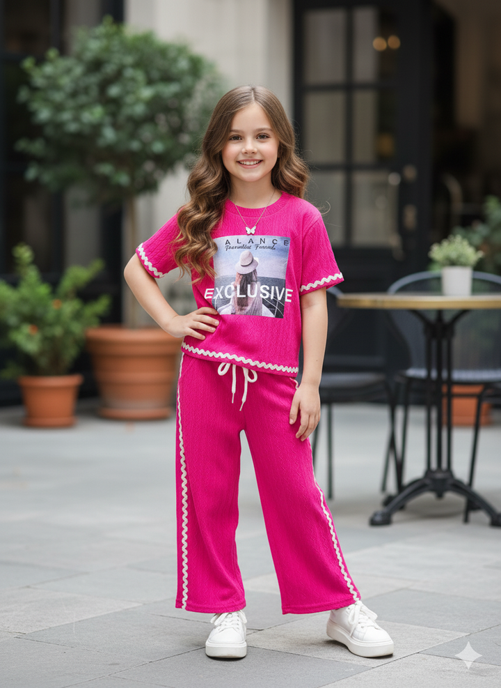 Girls Casual Photo Print Hot Pink Co-Ord Set [GCS-6315](4-12 Years)