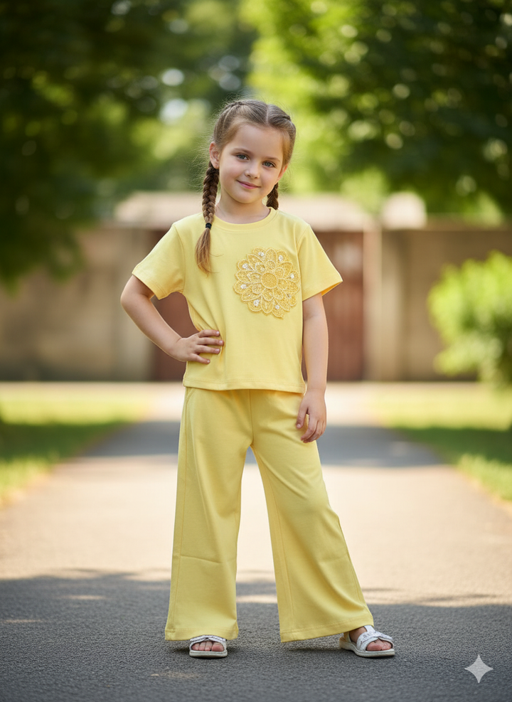 Girls Party Wear Light Yellow Co-Ord Set [GCS-6333](4-12 Years)