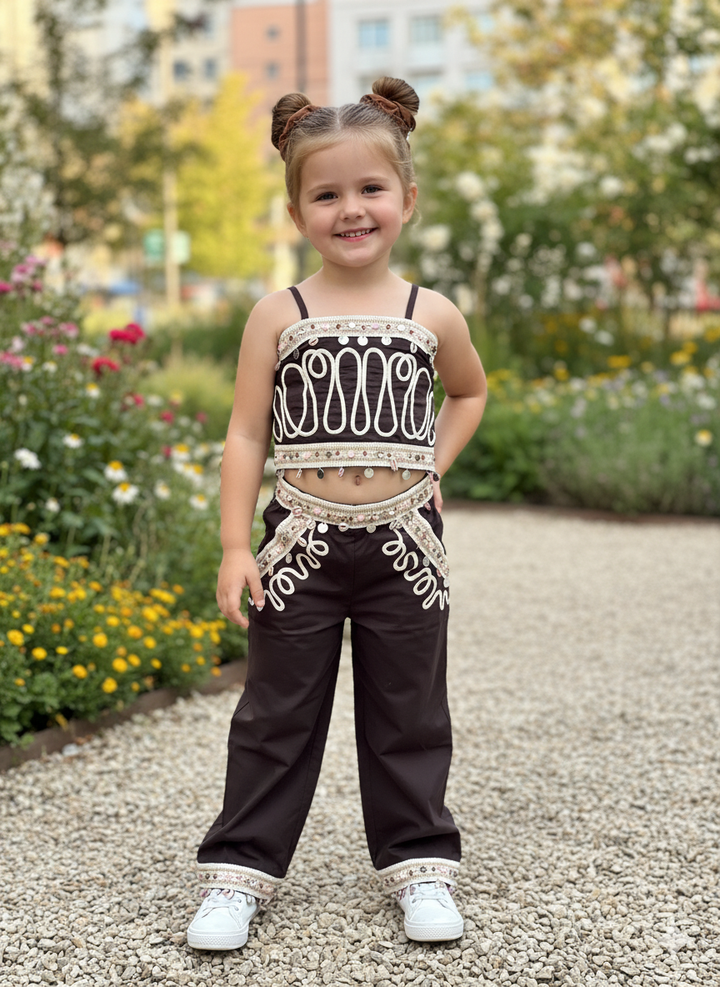 Girl's Sleeve Less Designer Coffee Co-Ord Set [GCS-6588] (4-12 Years)