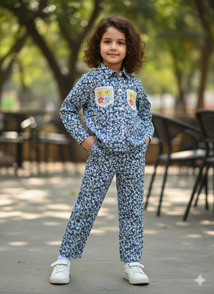 Girl's Light Blue Denim Printed Co-Ord  Set [GCS-6908](4-12 Years)
