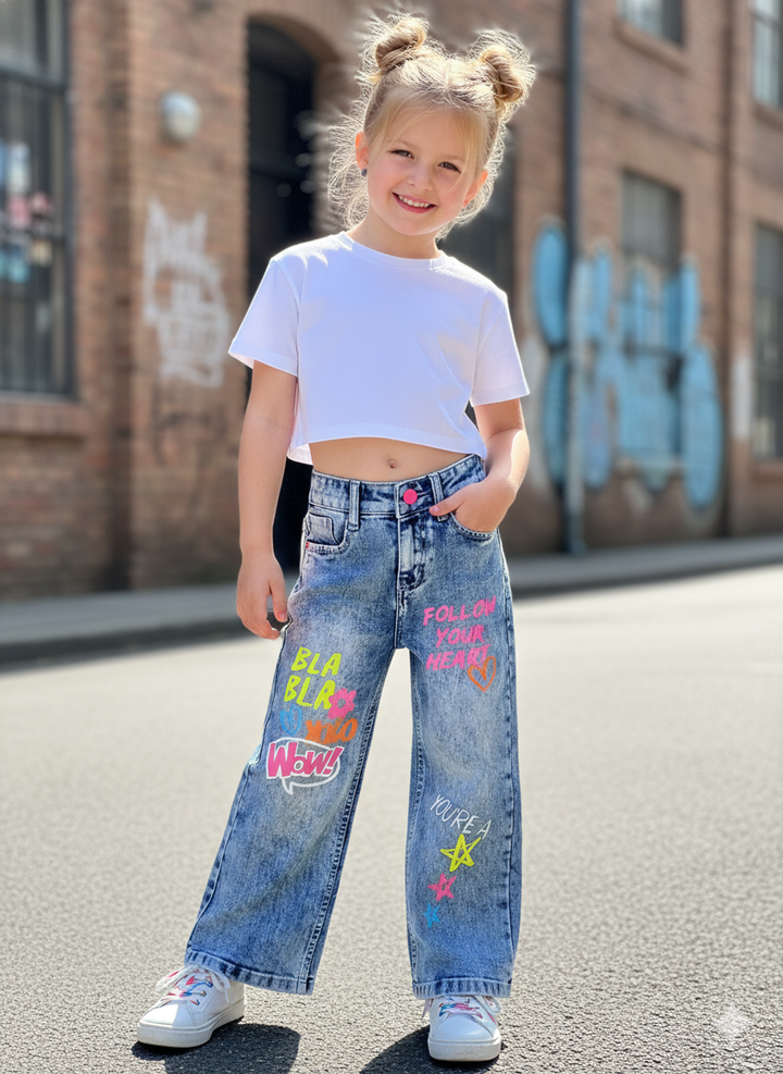 Girls Light Blue Printed Straight Fit Denim Jeans [GJ-1002] (5-12Years)