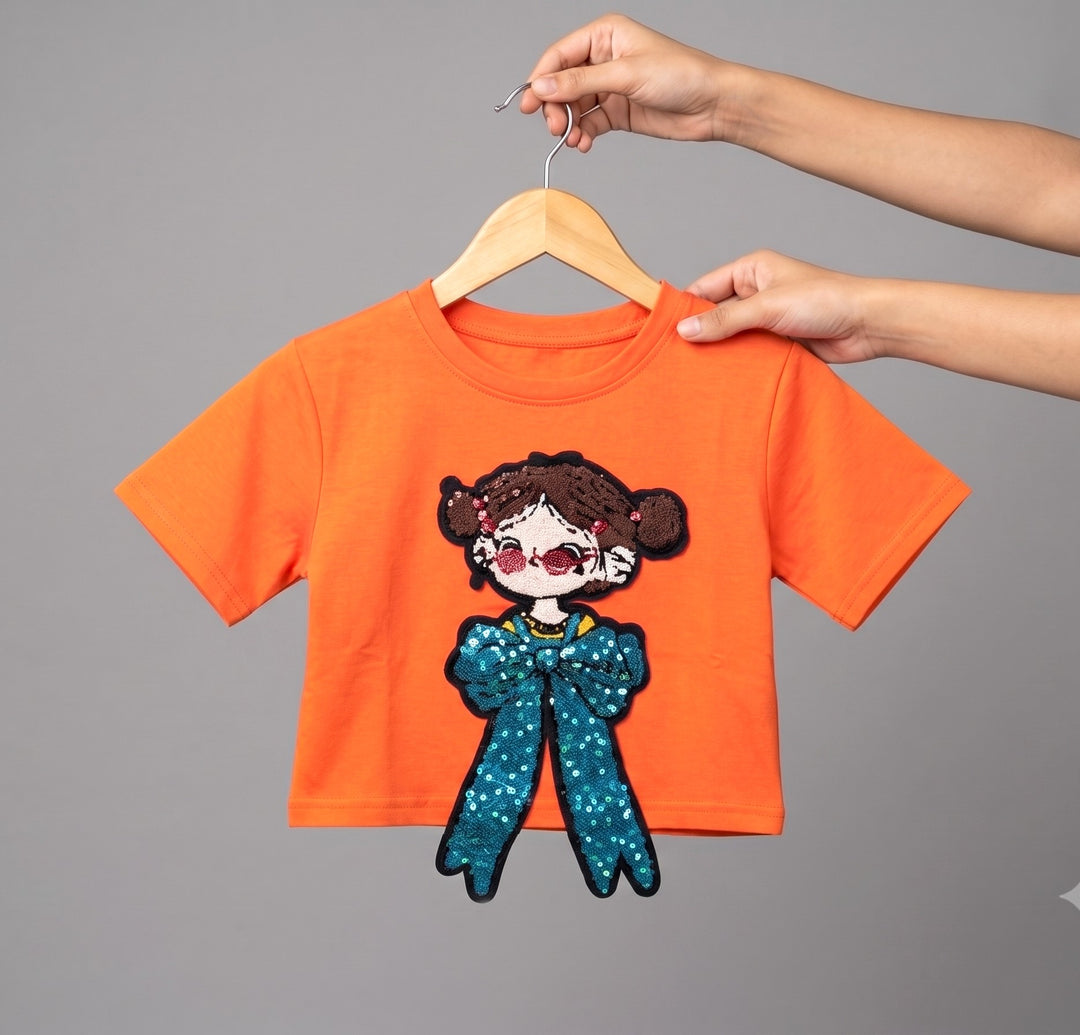 Girls Orange Cartoon Applique Top [GT-5218] [4-12 year]