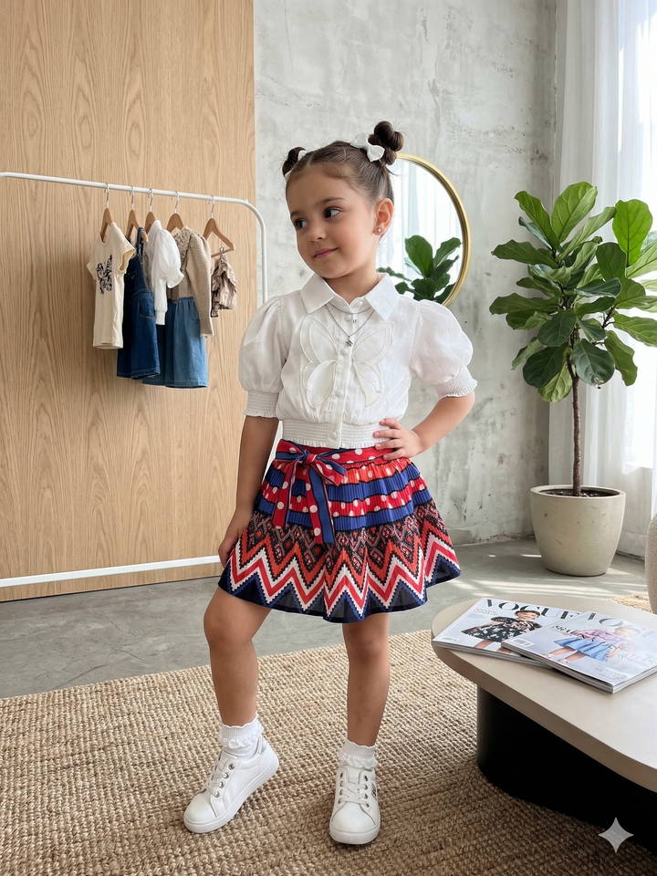 Girl's Zig-Zag Red & Blue Accent Skirt Co-Ord Set [GCS-2131] (1-7 Years)