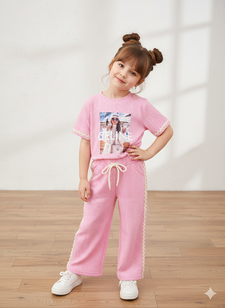 Girls Casual Photo Print Peach Co-Ord Set [GCS-6313](4-12 Years)
