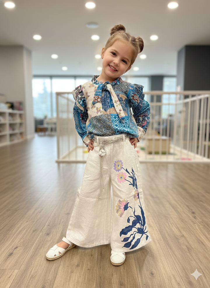 Girl's 2 Piece Printed Blue Co-Ord Set [GCS-6099](3-12 Years)