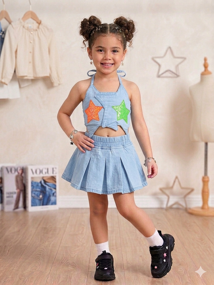 Girl's Ice Blue Designer Halter Neck Co-Ord Set  [GCS-5555] (1-8Years)