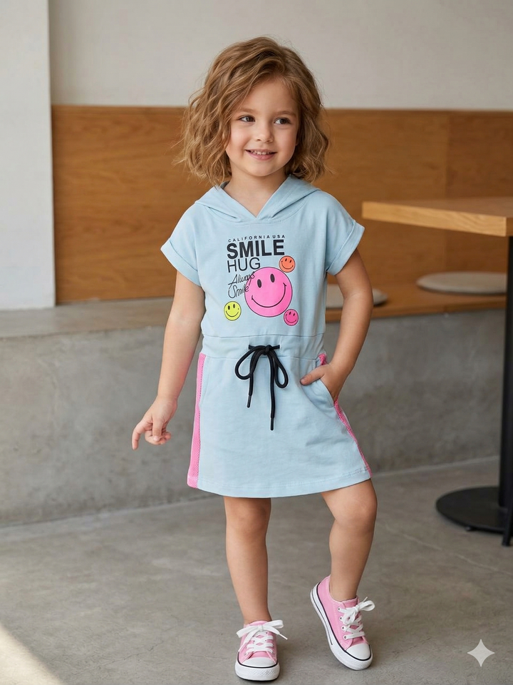 Girls Green Hooded Smiley Dress [GD-2038] (3-11 Years)