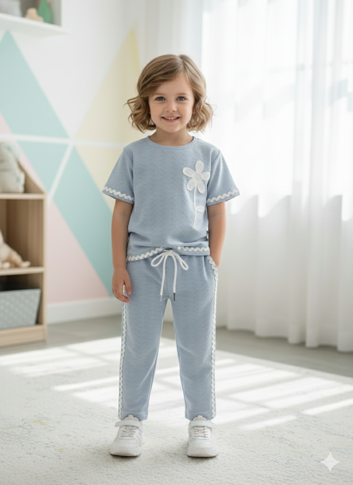 Girls Casual Flower Patch Grey Co-Ord Set [GCS-6235](4-12 Years)