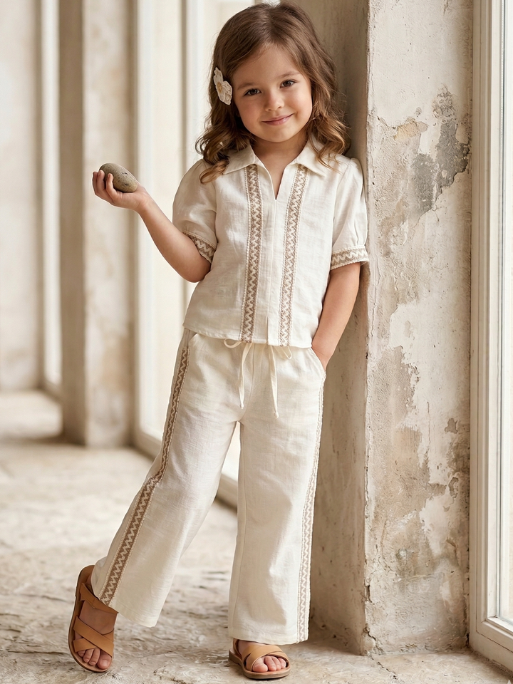 Girls Cream Summer Cotton Co-Ord Set [GCS-7280] (3-11 Years)