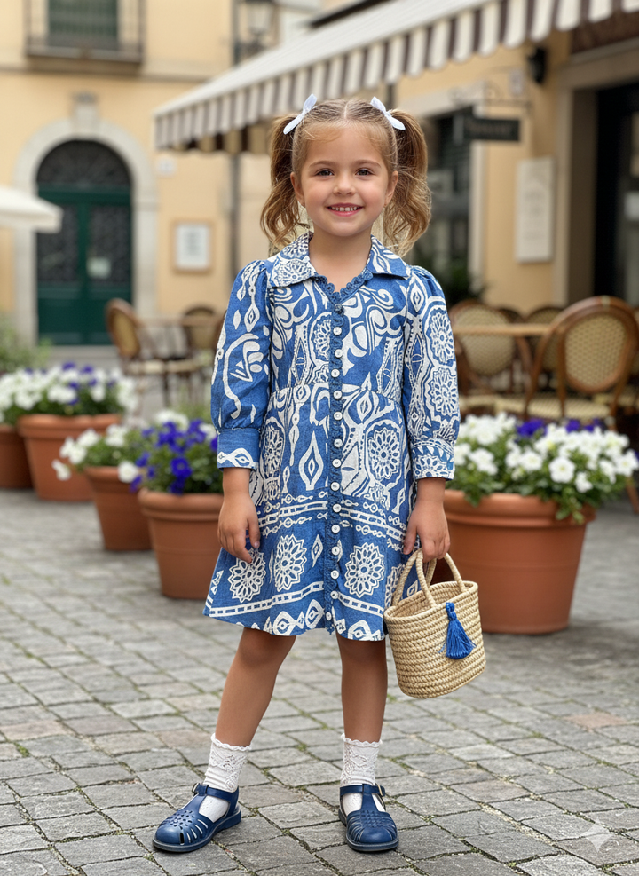 Girls Cotton Printed Blue Dress [GD-6295] (4-12 Years)