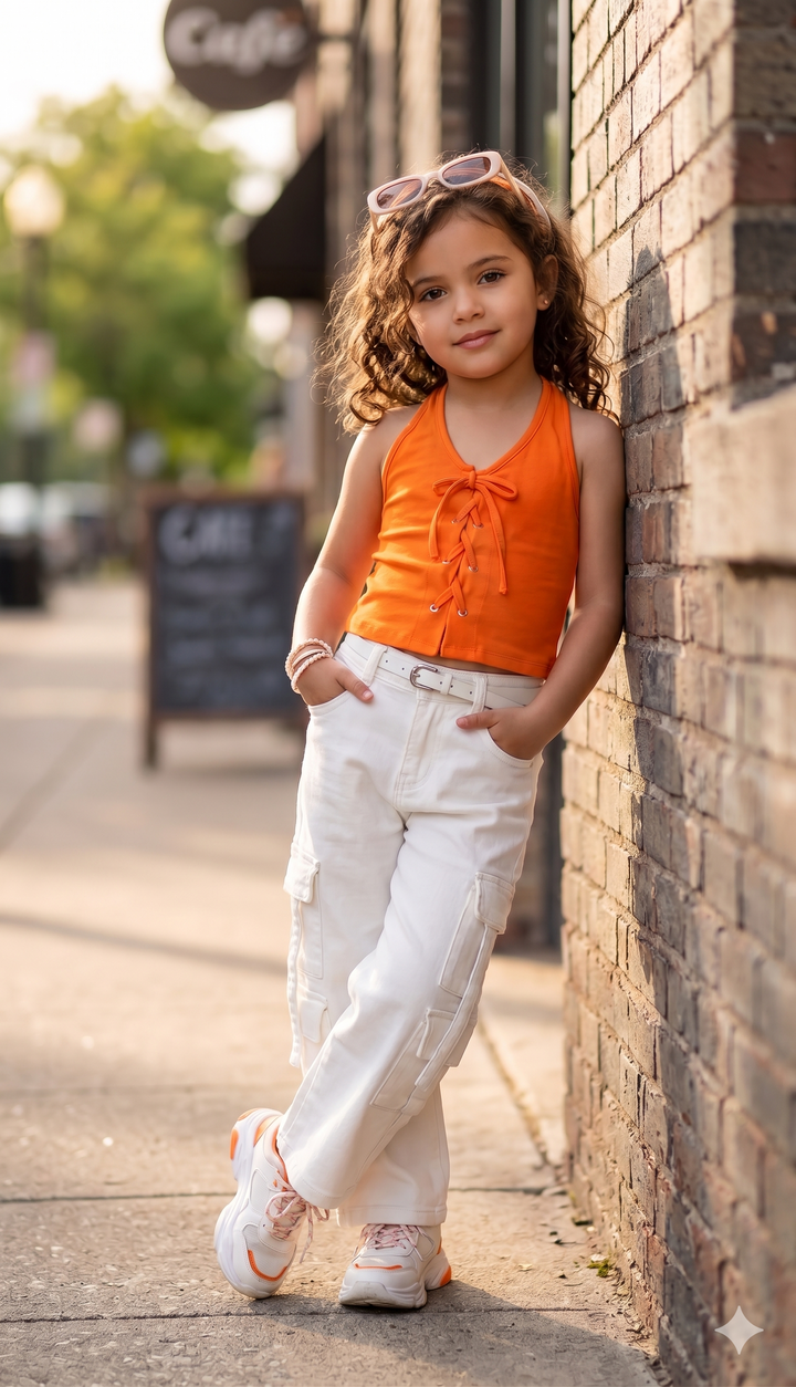 Girls White Cargo Pocket Jeans [ONLY JEANS] [GJ-934] (4-12Years)