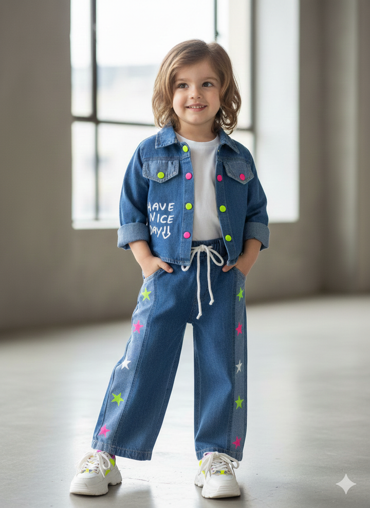 Girl's Denim Designer 2 Peice Co-Ord Set (WITHOUT T-SHIRT) [GCS-6266] (4-12 Years)