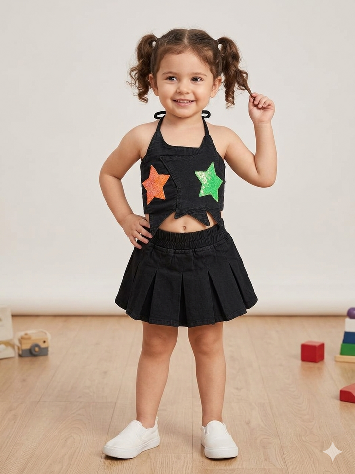 Girl's Black Designer Halter Neck Co-Ord Set  [GCS-6561] (1-8Years)