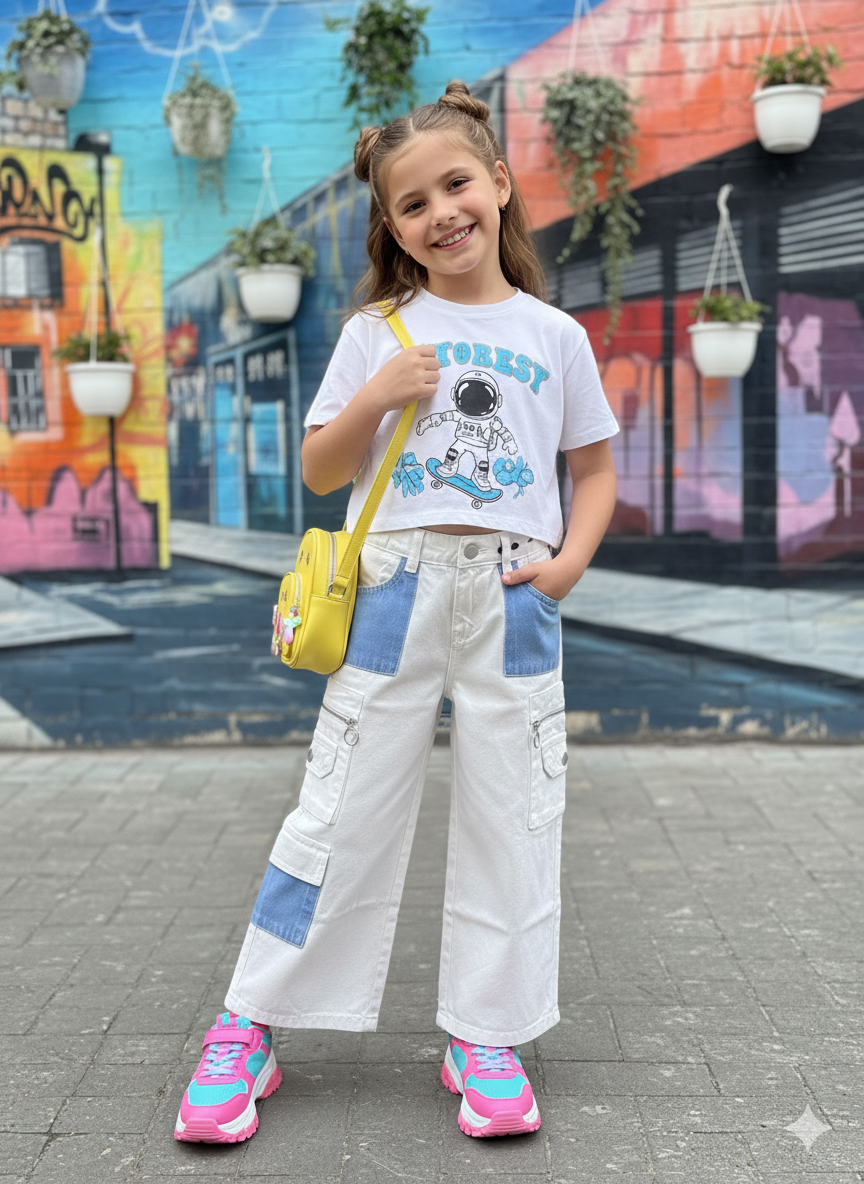 Girls Wide Leg Cargo Denim White Jeans [GJ-1001] (3-14Years)