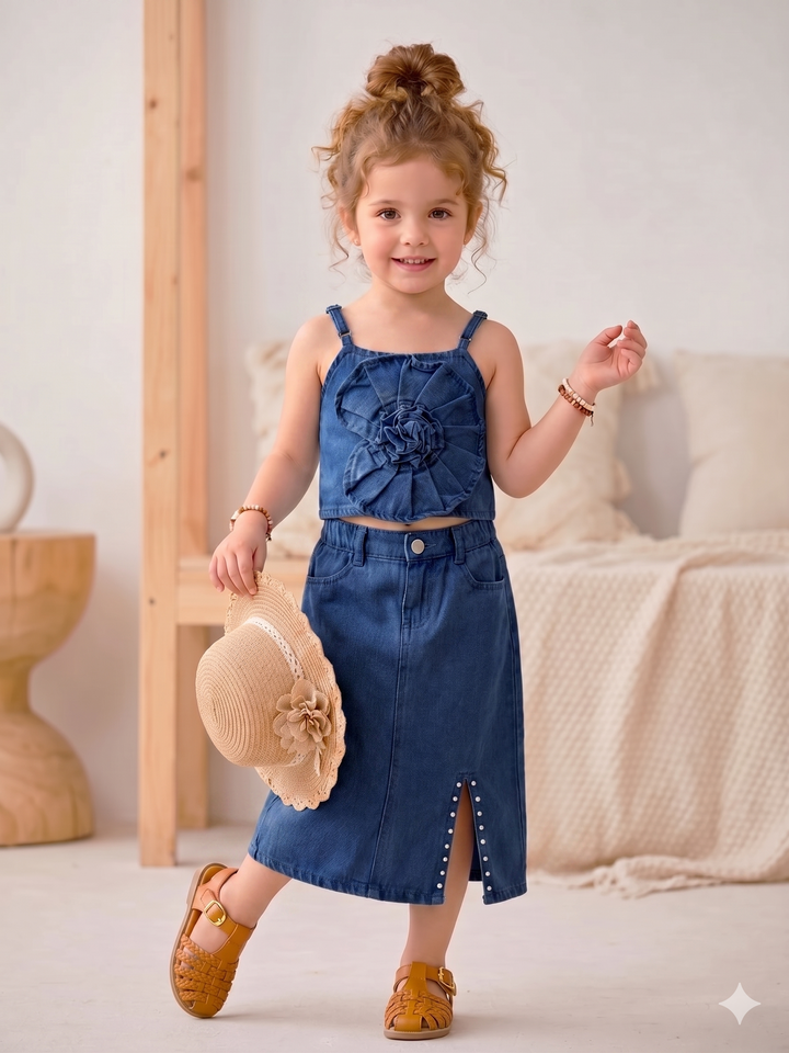 Girl's Dark Blue Denim Flower Co-Ord Set [GCS-8501] (2-8 Years)