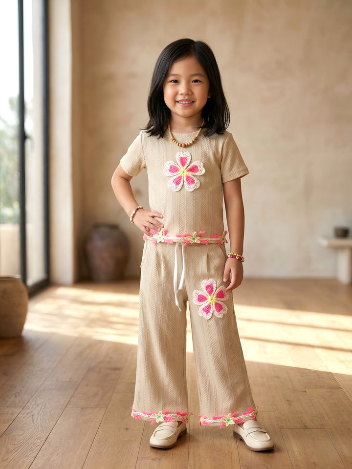 Girls Casual Flower Patch Baige Co-Ord Set [GCS-2068] (3-12 Years)