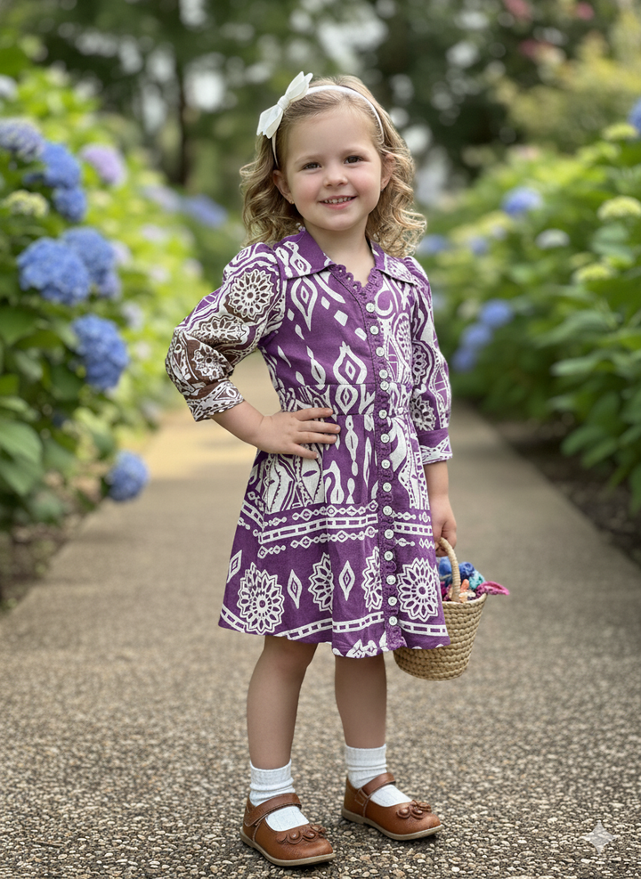 Girls Cotton Printed Purple Dress [GD-6294] (4-12 Years)