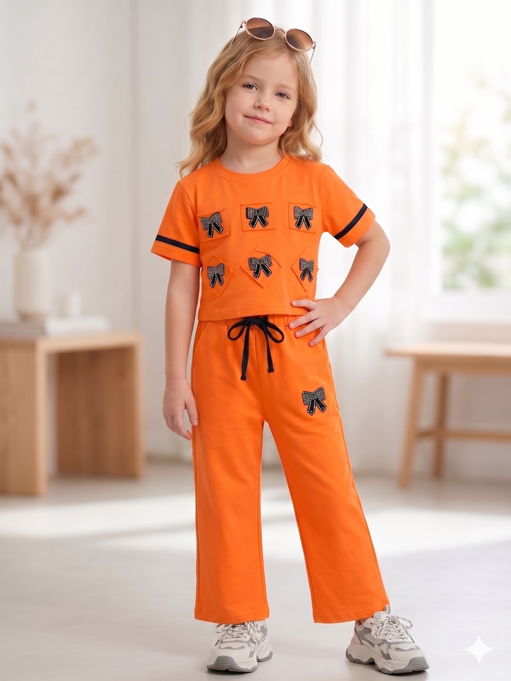 Girls Casual Orange Bow Co-Ord Set [GCS-5182] (4-12 Years)