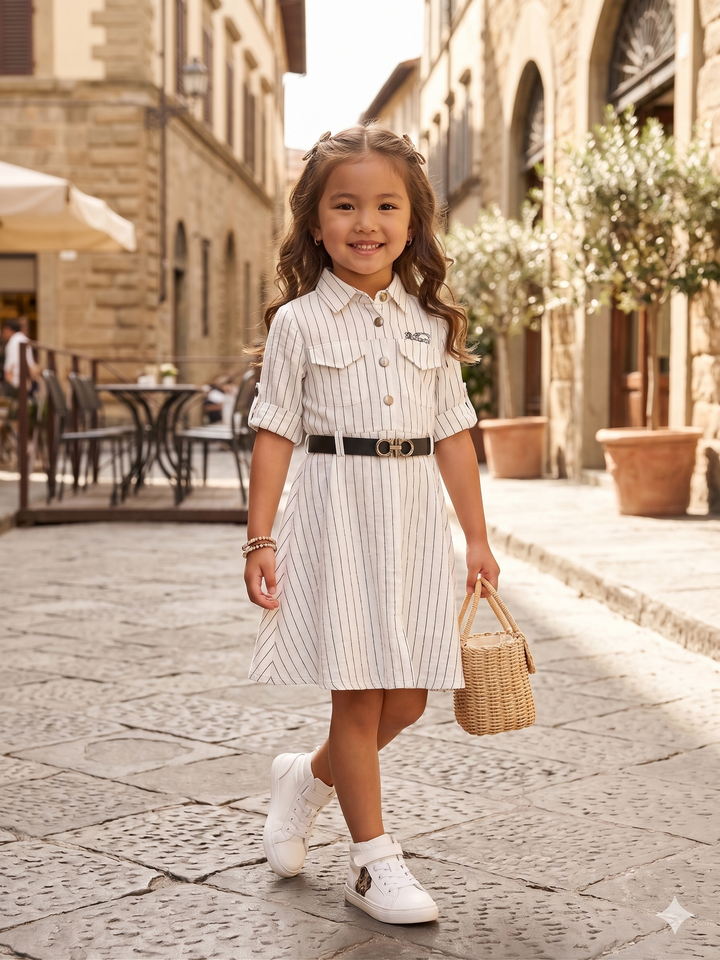 Girls White Striped Onepiece with Belt [GD-3564] (3-12Years)