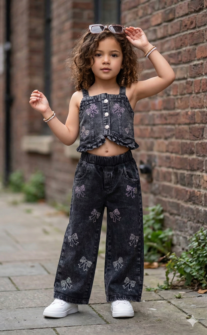 Girls 3Pcs Embellished Charcoal Co-Ord Set [GCS-6919] (4-12Years)