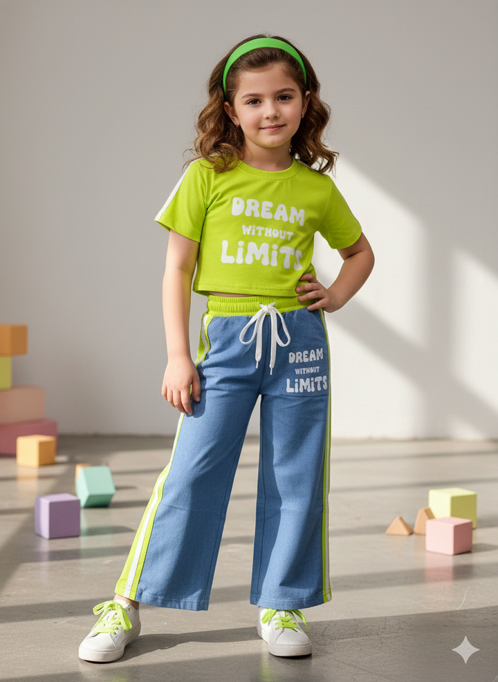Girl's Causal Neon Green Co-Ord Set With Soft Denim Bottom [GCS-5050](3-12 Years)
