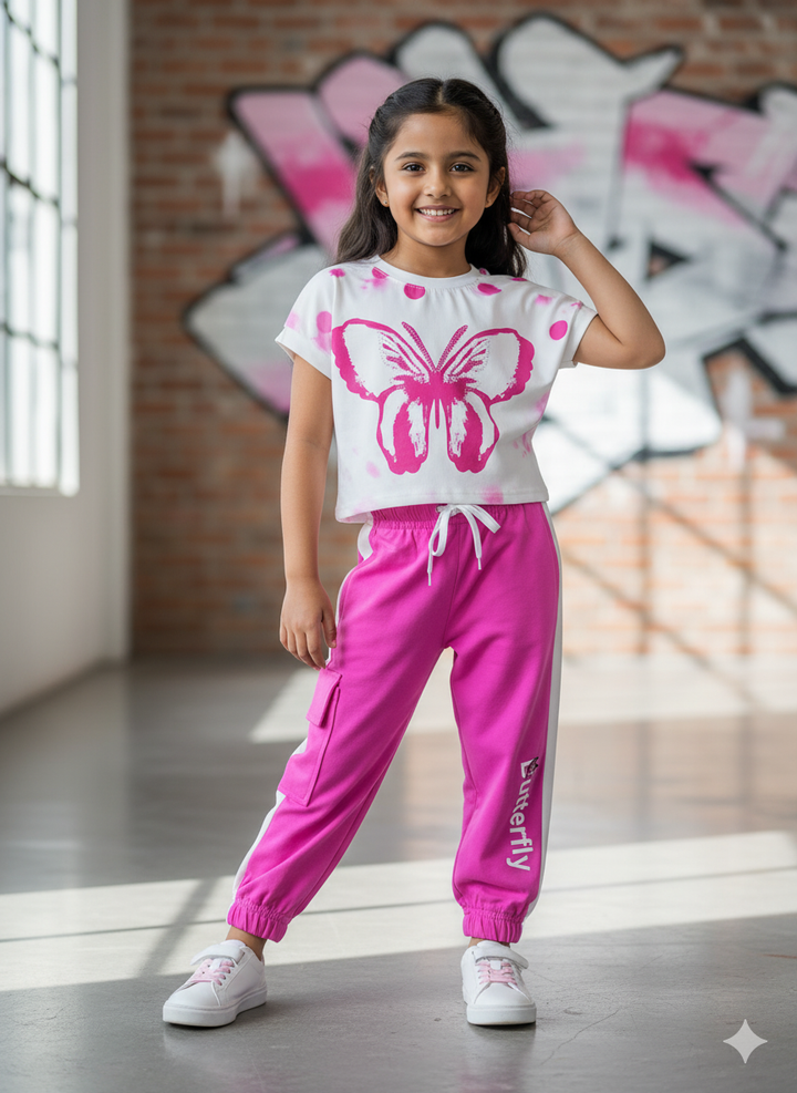 Girl's Buterfly Pink Co-Ord Set [GCS-6531](3-12 Years)