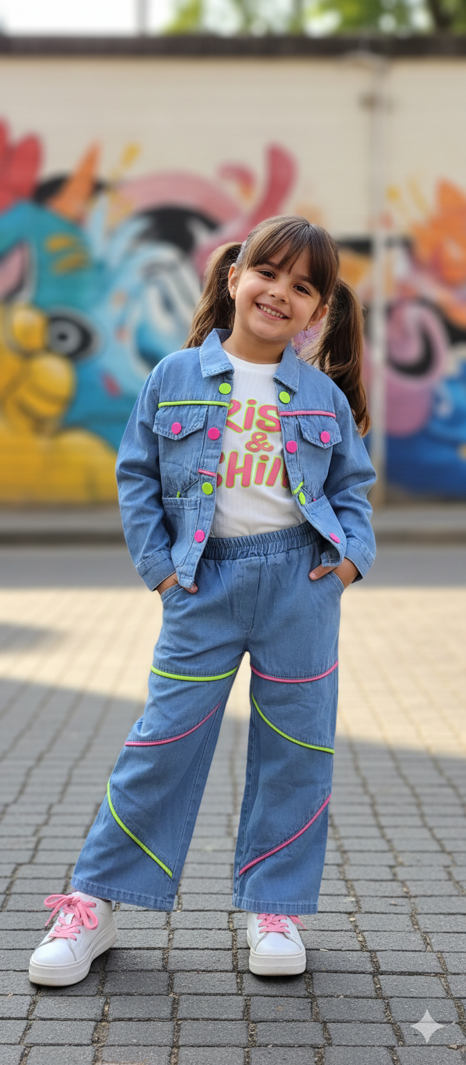 Girls Denim 3 Piece Co-Ord Set [GCS-6190] (4-12Years)