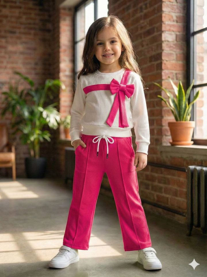 Girls Casual Hot Pink Bow Co-Ord Set [GCS-6110] (4-12Years)