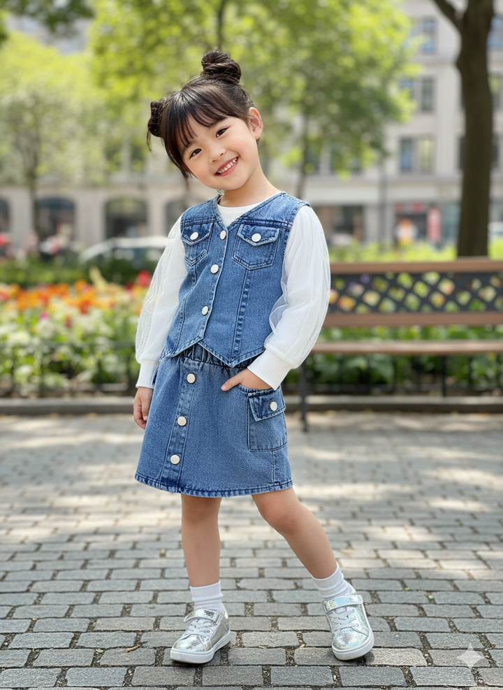 Girl's Denim Light Blue 3 Piece Co-Ord Set [GCS-6198] (4-12 Years)