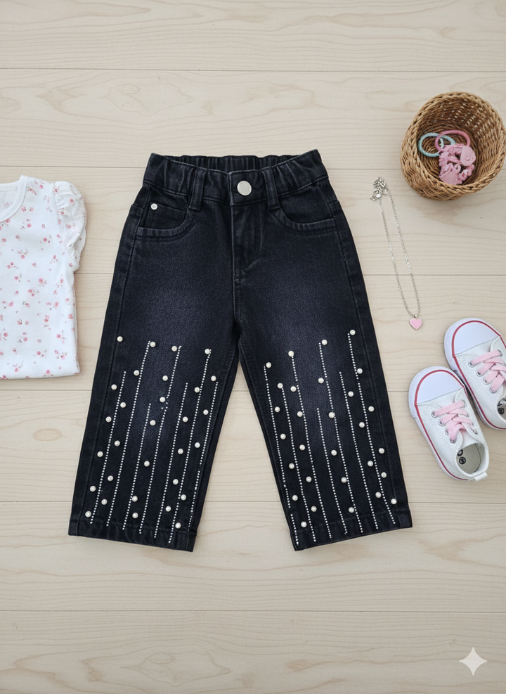Girls Embellished Straight Fit Black Denim Jeans (Only Jeans) [GJ-1070] (1-12Years)