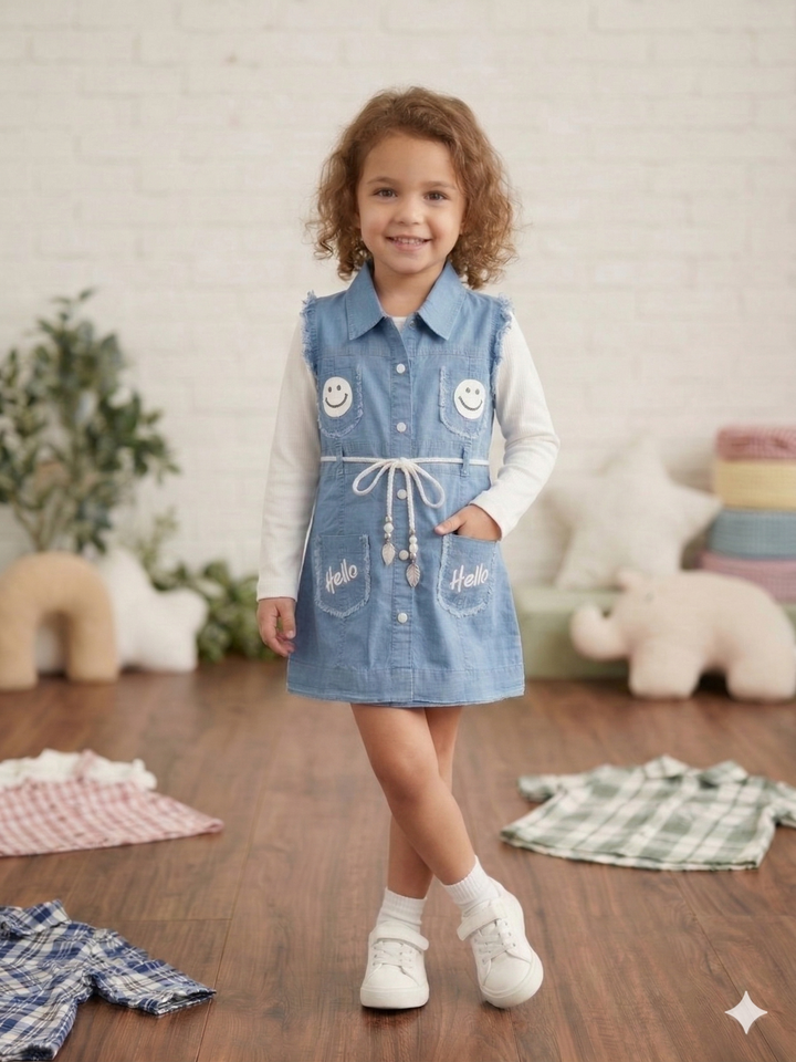 Girls Smiley White Denim Dress [GD-7281](4-12 Years)