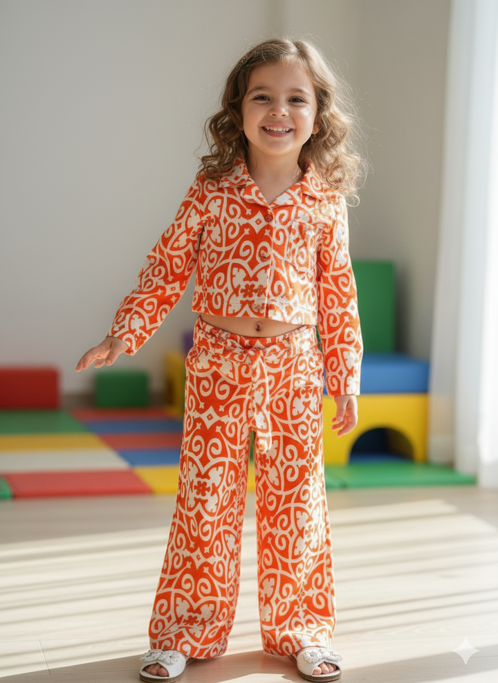Girl's Printed Orange Co-Ord Set [GCS-6445](3-12 Years)