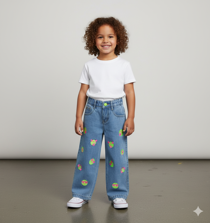 Girls Light Blue Smiley Embroidered Straight Fit Jeans [GJ-963] (1-12Years)