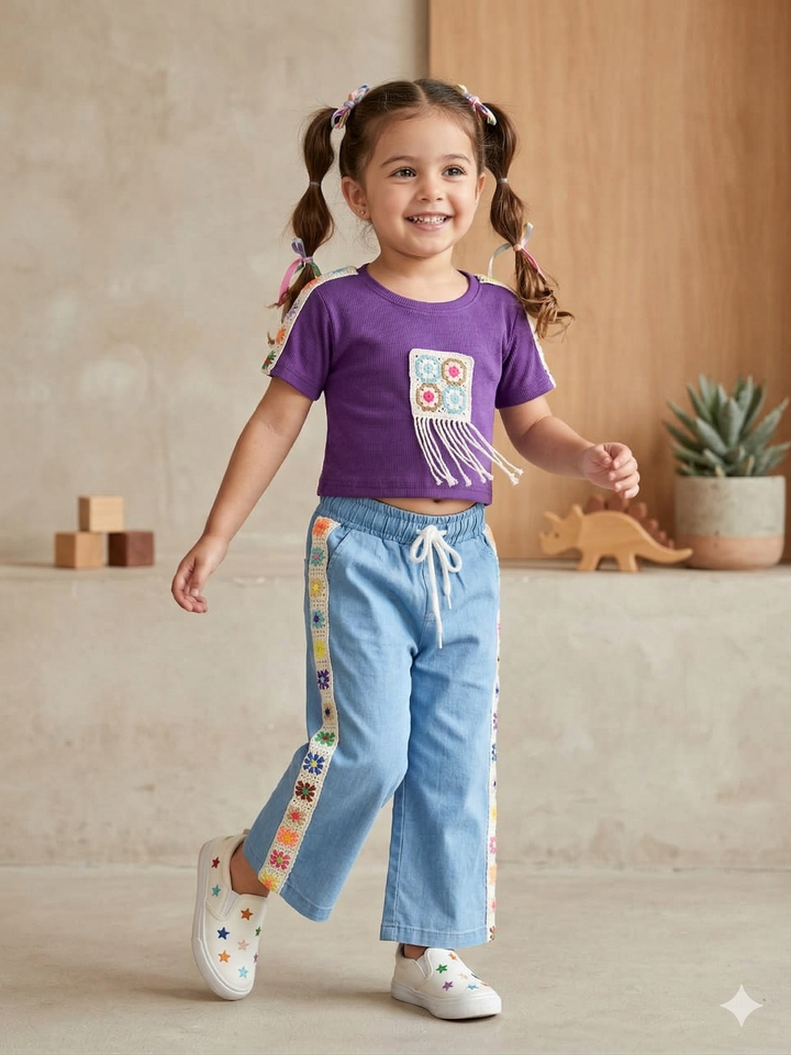 Girls Fancy Patch Purple Co-Ord Set [GCS-2122] (3-12 Years)