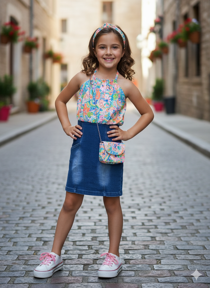Girls Orange Denim Dress With Purse [GD-6493] (1-7Years)