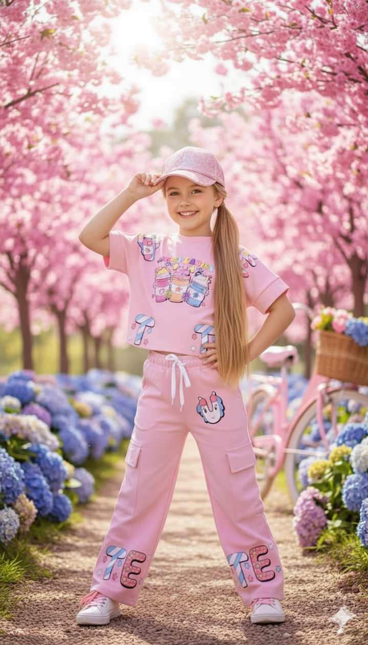 Girl's Ice-Cream Printed Baby Pink Co-Ord  Set [GCS-6280](4-12 Years)